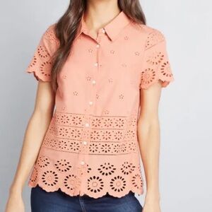 New ModCloth Timeless Eyelet Blouse Button Front Shirt